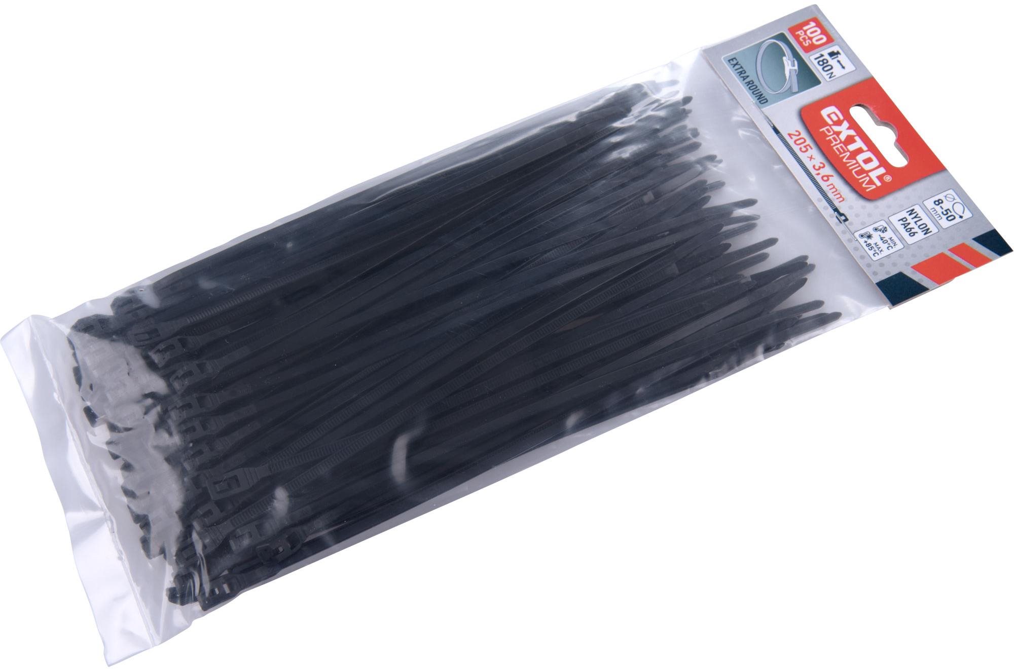 EXTOL PREMIUM pásky stahovací na kabely EXTRA, černé, 200x3,6mm, 100ks, nylon PA66, 8856232