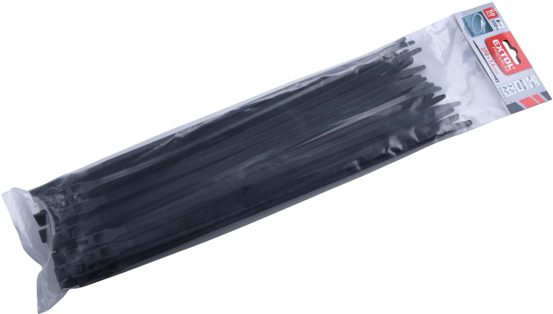 EXTOL PREMIUM pásky stahovací na kabely EXTRA, černé, 370x7,6mm, 50ks, nylon PA66, 8856238