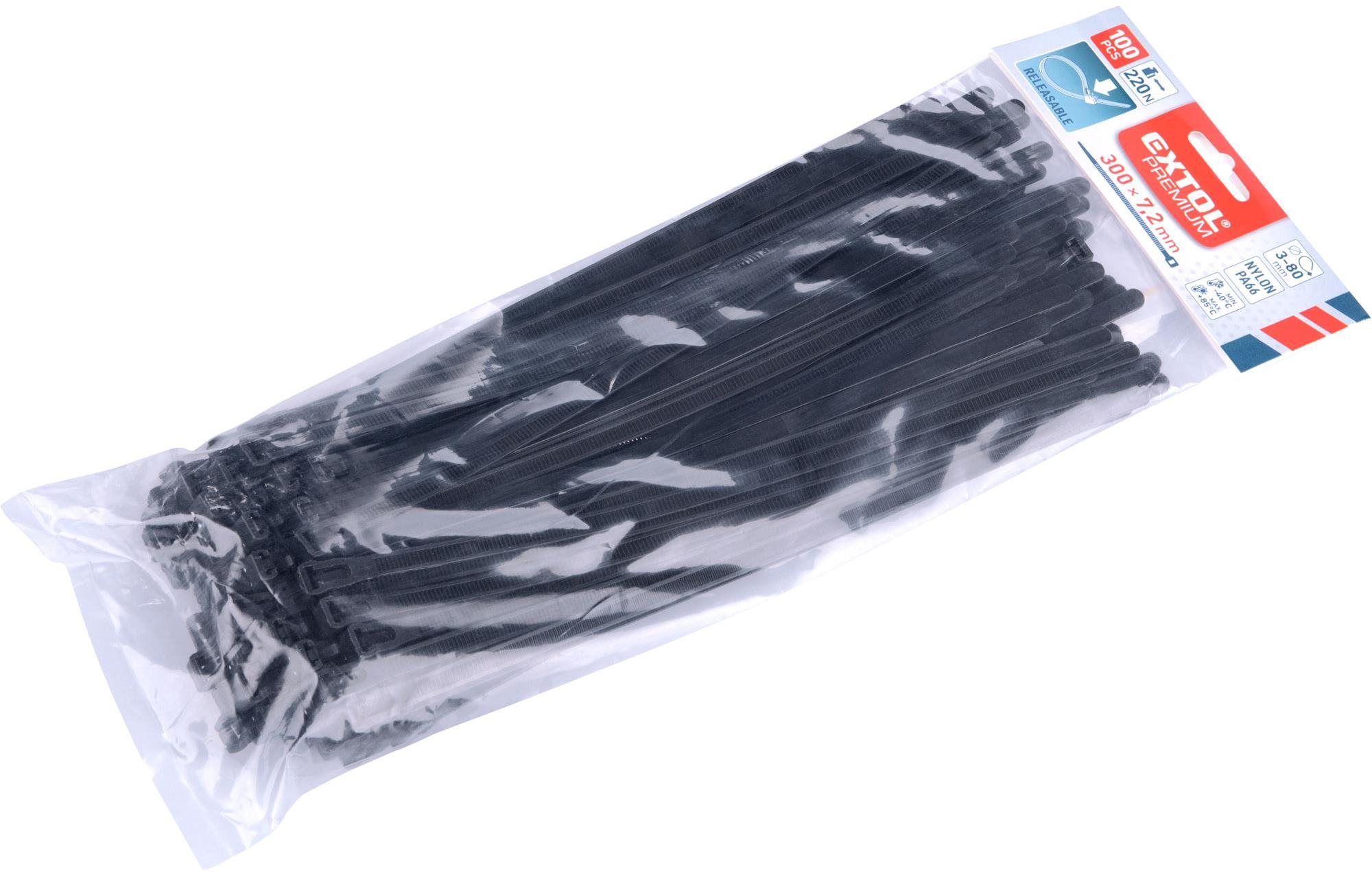 EXTOL PREMIUM pásky stahovací černé, rozpojitelné, 300x7,2mm, 100ks, nylon PA66, 8856258