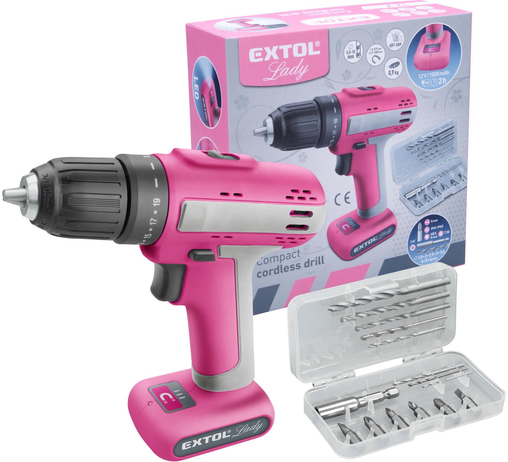 EXTOL LADY vrtací šroubovák AKU růžový, 12V Li-ion 402402 (1x1,5 Ah)