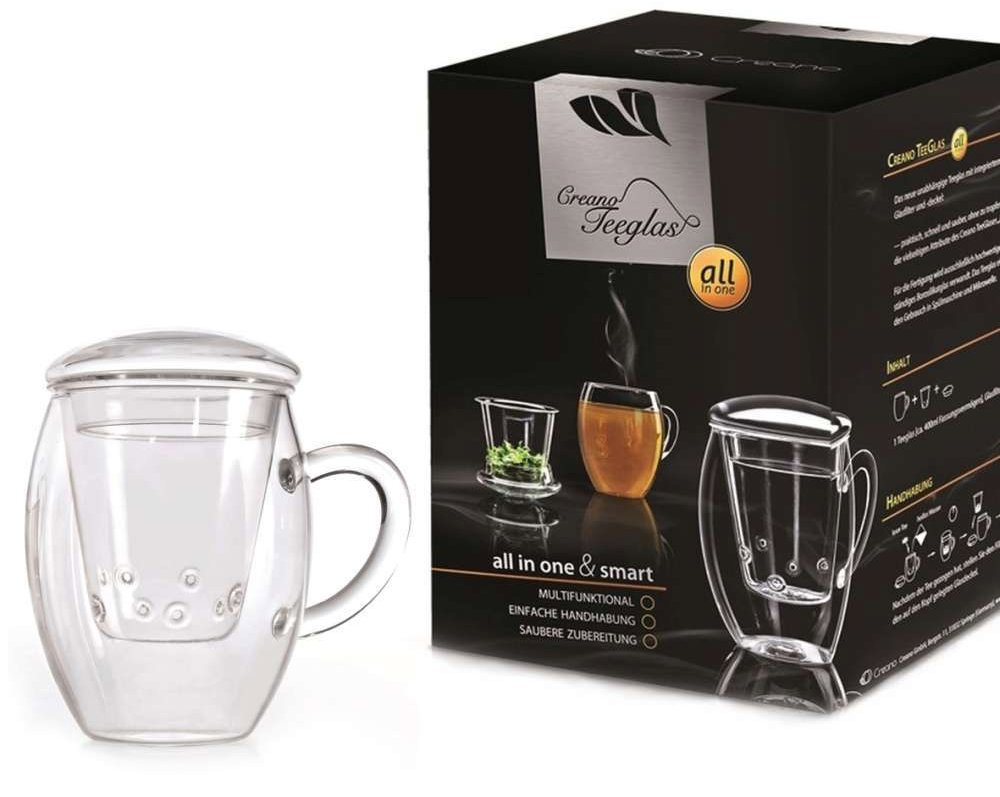 Creano Čajový hrnek „All-In-One“ se skleněným filtrem 3dílná sada, 400 ml