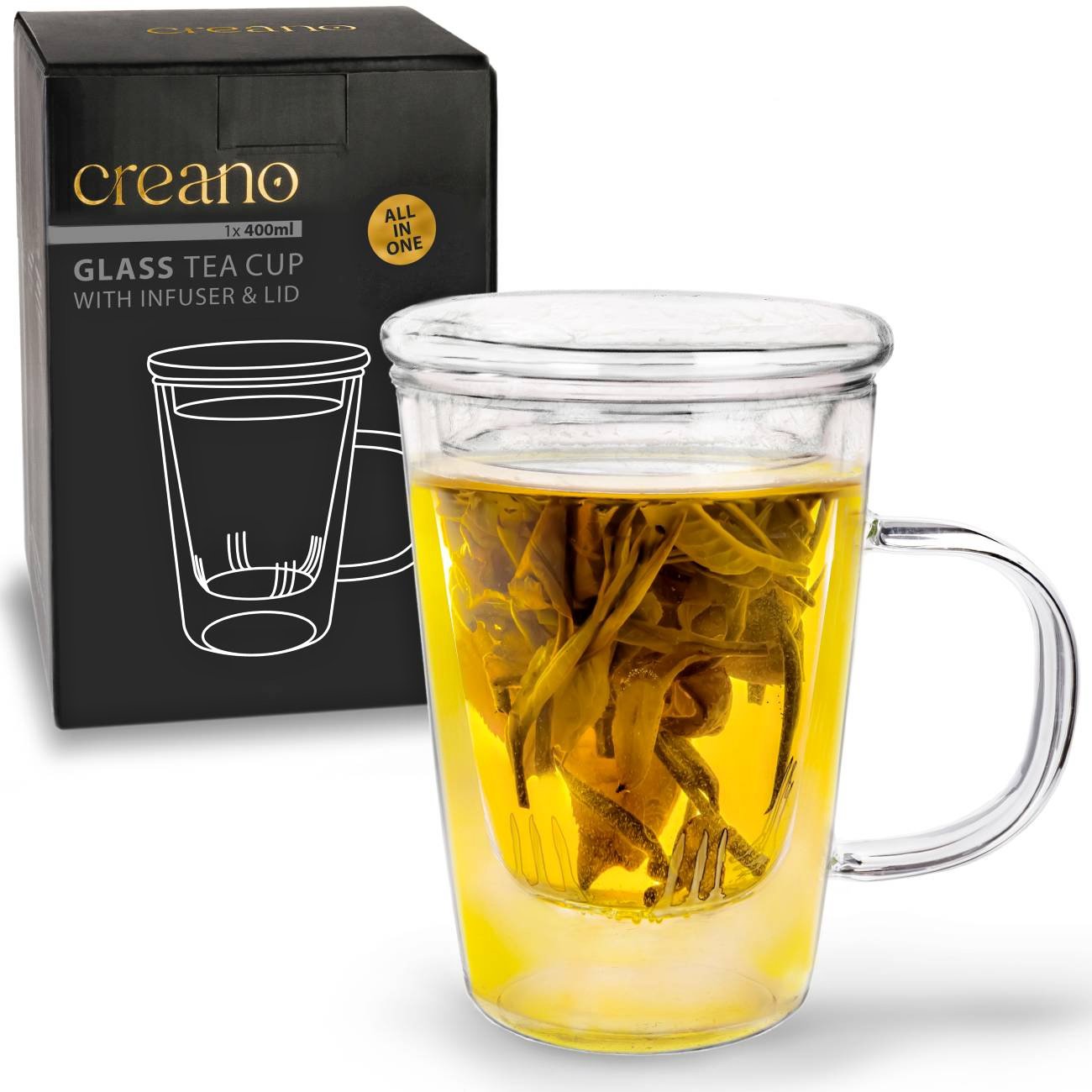 Creano Čajový hrnek „All-In-One“ se skleněným filtrem – 3dílná sada - ploché víčko, 400 ml (1 ks)