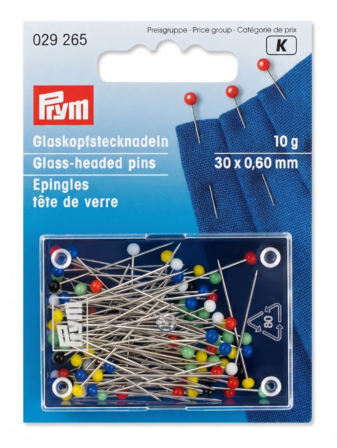 PRYM Špendlíky se skleněnou hlavičkou 0,6 × 30 mm, barevný mix