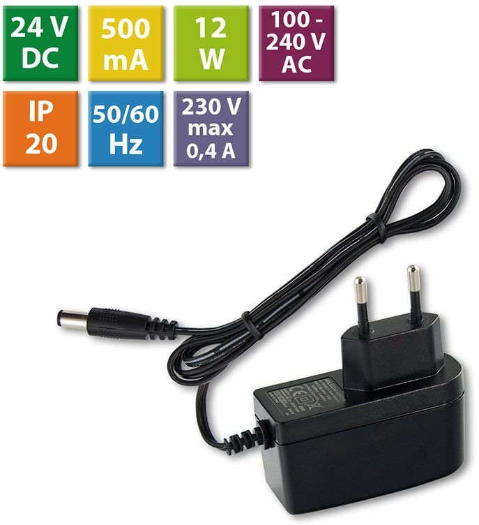 McLED Napájecí adaptér 12W, DC24V/0,5A, IP20, černý plast, s vidlicí