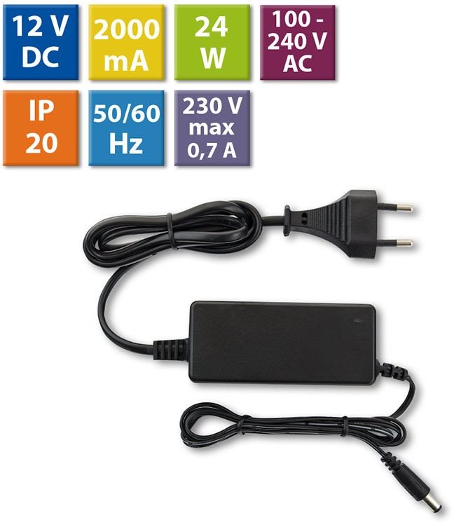 McLED Napájecí adaptér 24W, DC12V/2A, IP20, černý plast, s vidlicí