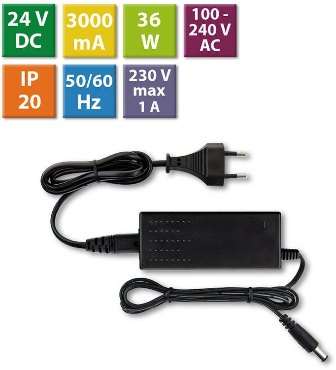 McLED Napájecí adaptér 36W, DC24V/1,5A, IP20, černý plast, s vidlicí