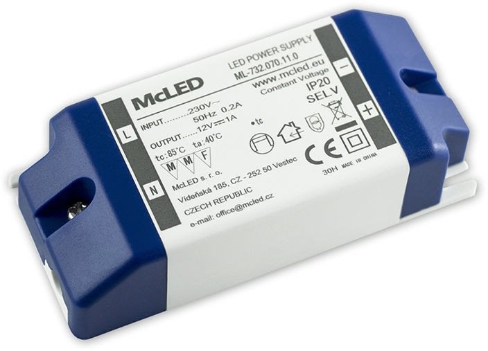 McLED Napájecí zdroj 12W, DC12V/1A, IP20, plastové provedení se svorkovnicí