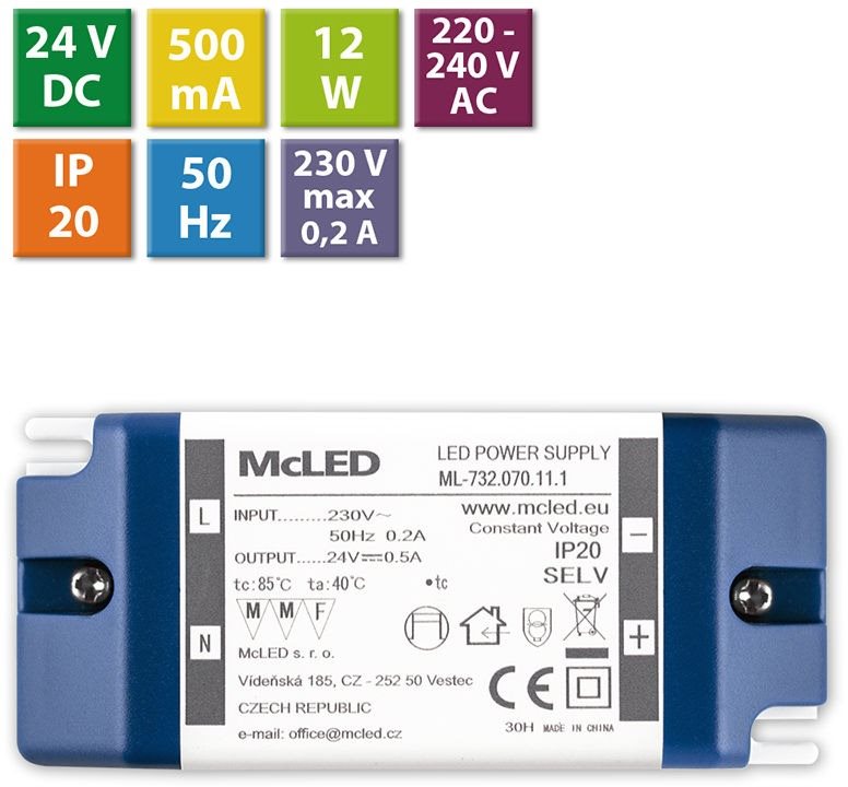 McLED Napájecí zdroj 12W, DC24V/0,5A, IP20, plastové provedení se svorkovnicí