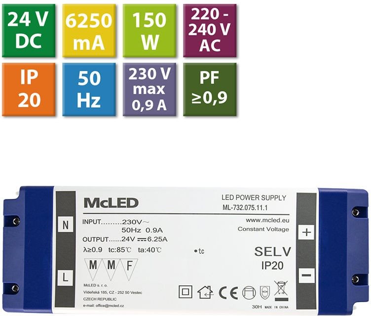 McLED Napájecí zdroj 150W, DC24V/6,25A, IP20, plastové provedení se svorkovnicí