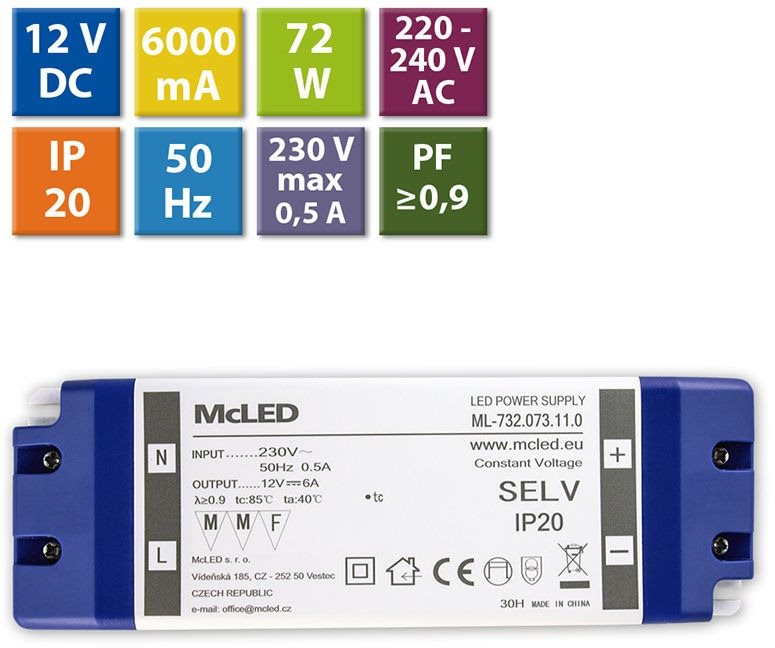 McLED Napájecí zdroj 72W, DC12V/6A, IP20, plastové provedení se svorkovnicí