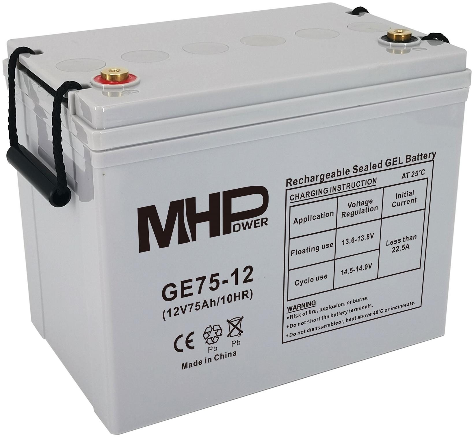 MHPower GE75-12 Gelový akumulátor 12V/75Ah, Terminál T1 - M6, Deep Cycle; GE75-12