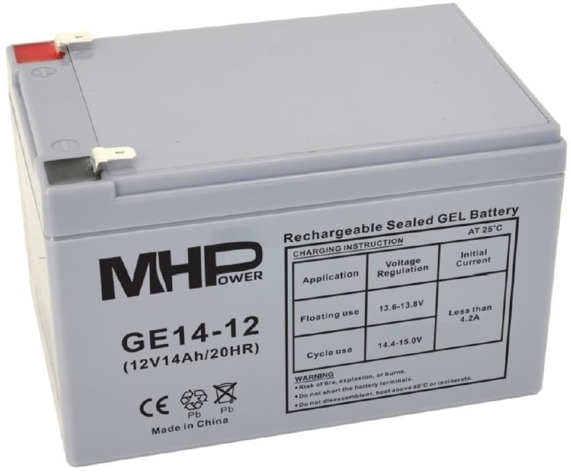 MHPower gelový akumulátor 12 V/14 Ah, Faston F2 - 6,3 mm, Deep Cycle, GE14-12