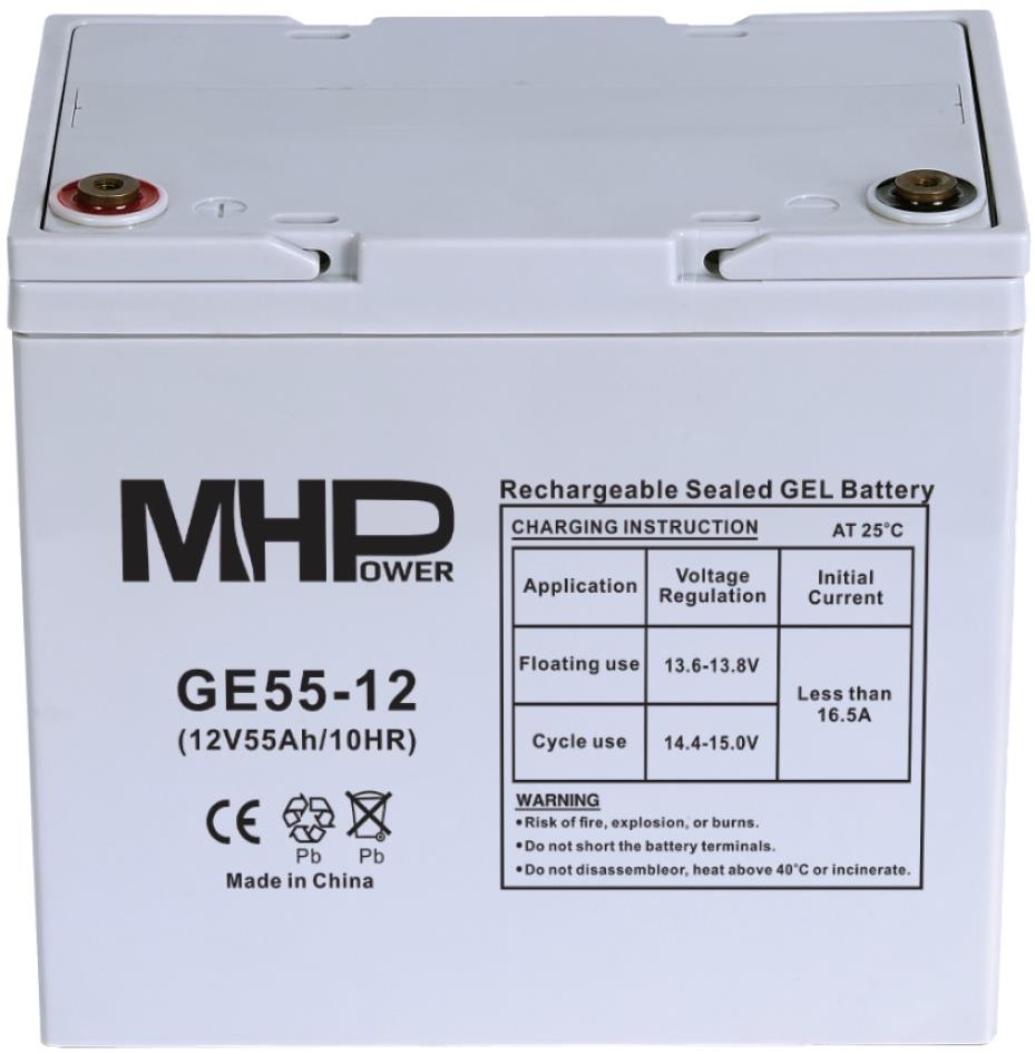 MHPower GE55-12 Gelový akumulátor 12V/55Ah, Terminál T1 - M6, Deep Cycle; GE55-12