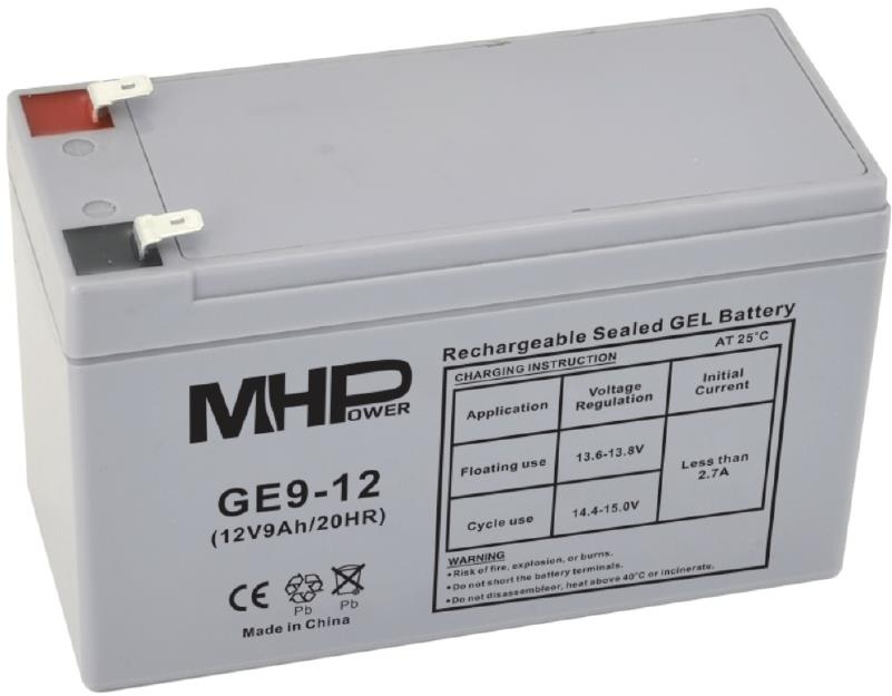 MHPower gelový akumulátor 12 V/9 Ah, Faston F2 - 6,3 mm, Deep Cycle, GE9-12