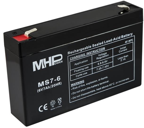 MHPower olověný akumulátor AGM 6 V/7 Ah, Faston F2 - 6,3 mm, MS7-6