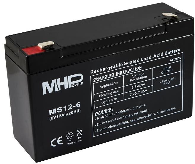 MHPower olověný akumulátor AGM 6 V/12 Ah, Faston F2 - 6,3 mm, MS12-6