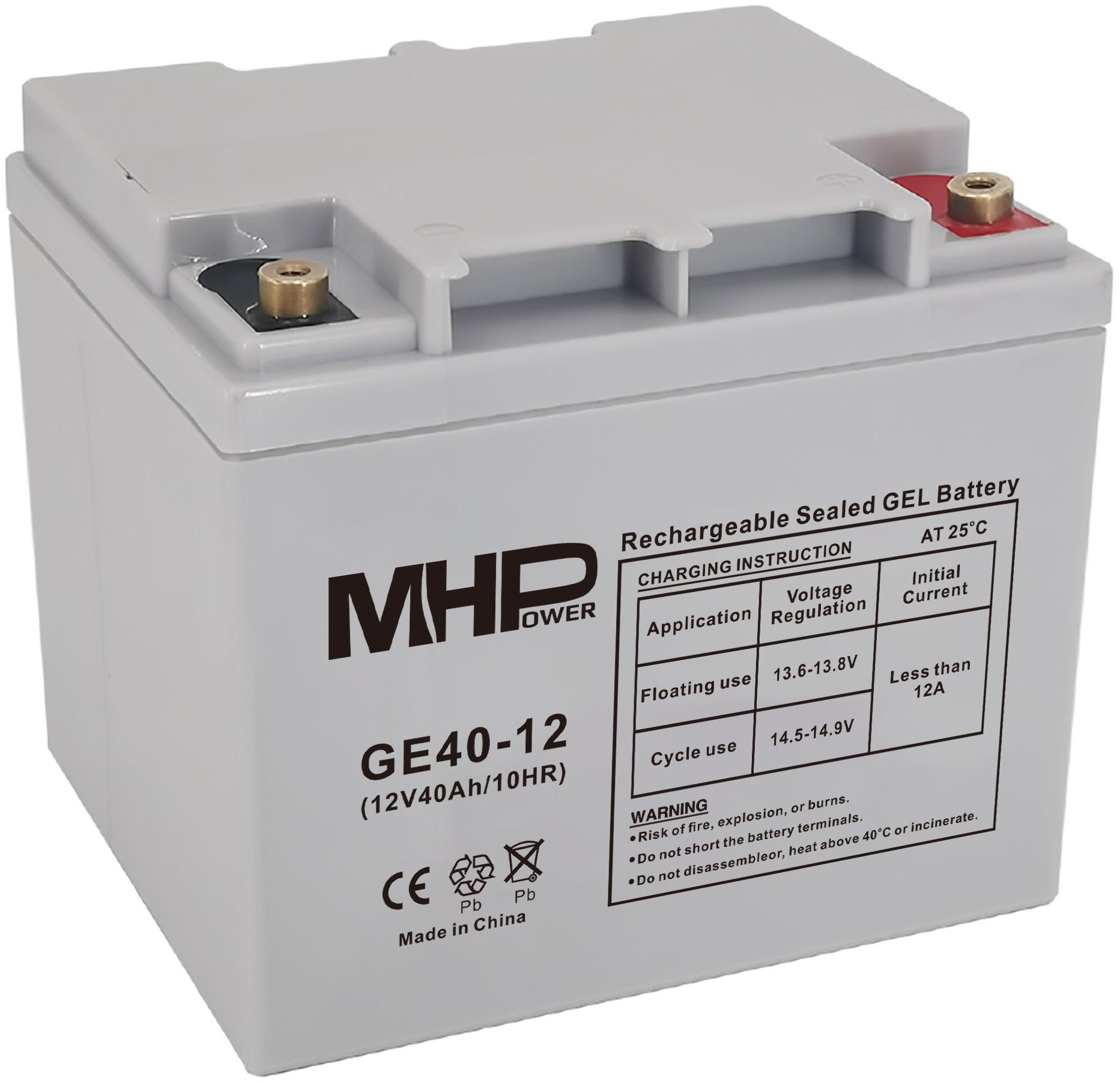 MHPower GE40-12 Gelový akumulátor 12V/40Ah, Terminál T1 - M6, Deep Cycle; GE40-12
