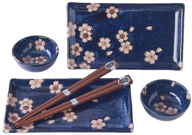 Made In Japan Sushi Set Navy & Pink Sakura Design 6 ks