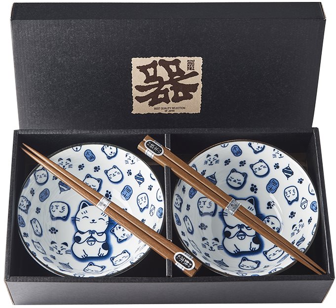 Jídelní miska MANEKI CAT BLUE 400 ml, sada 2 ks, s hůlkami, MIJ