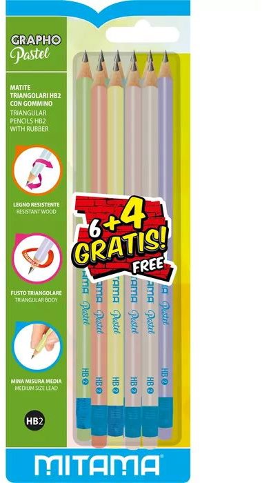 MITAMA Pastel grafitová, trojhranná s gumou HB (č. 2) - balení 10 ks