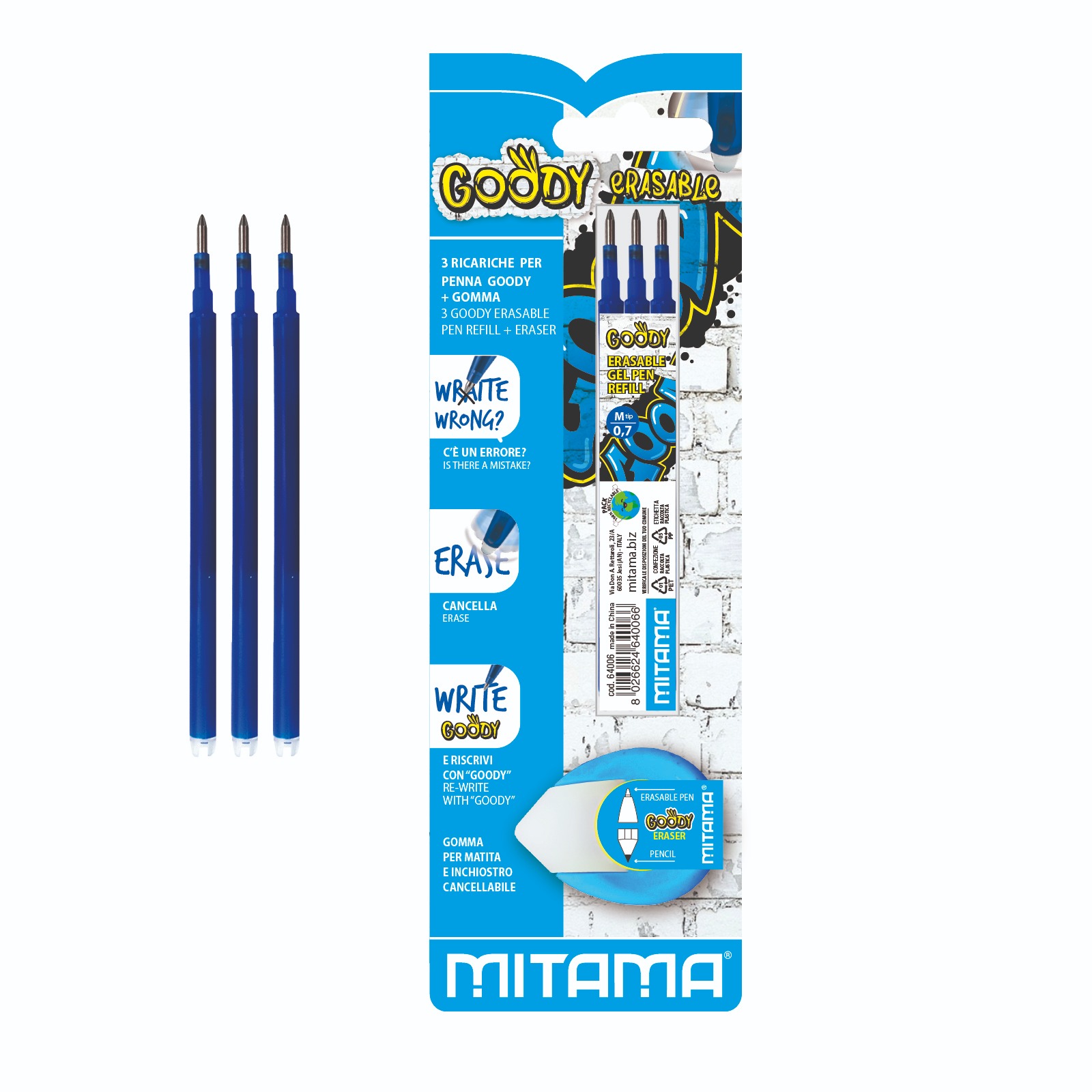 Náhradní náplně + guma pro pero Goody modré - 0,7 mm, 3 ks