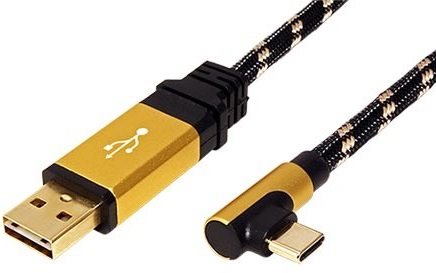 Roline GOLD USB 2.0 kabel, oboustranný USB A(M) - USB C(M) lomený (90°), 0,8m