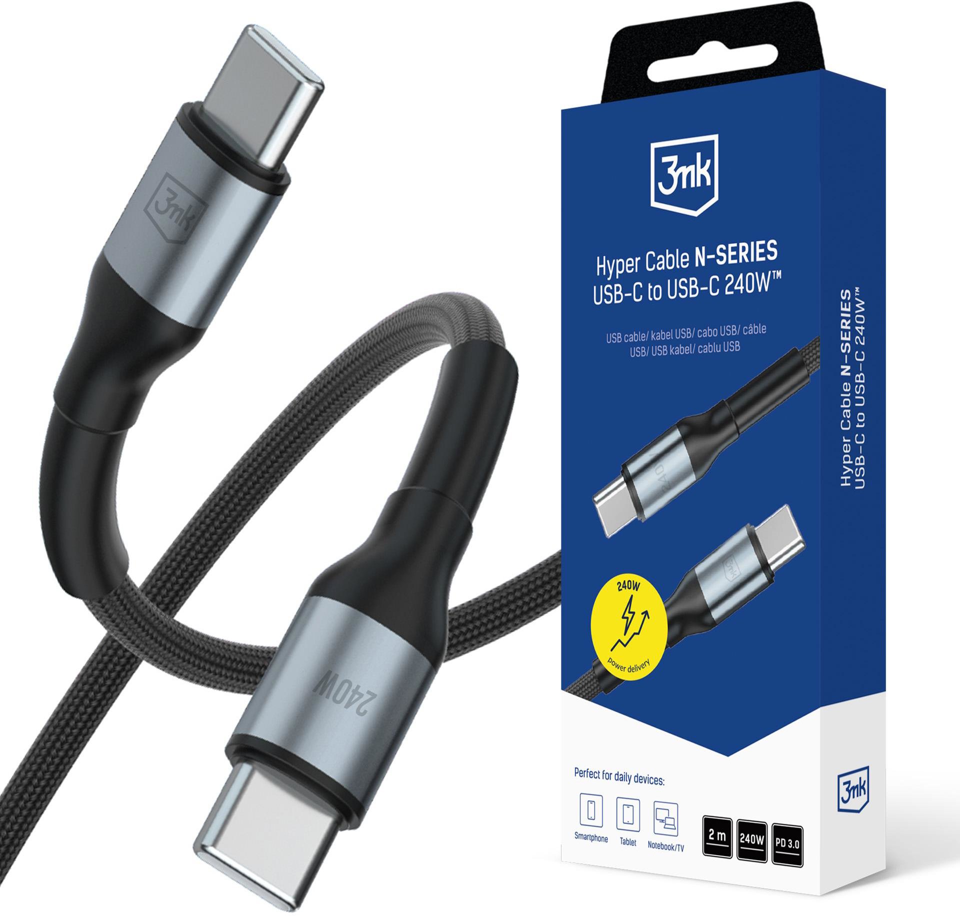 3MK Hyper Cable N-SERIES USB-C/USB-C, Power Delivery, QC 3.0, 240W, 2m černý