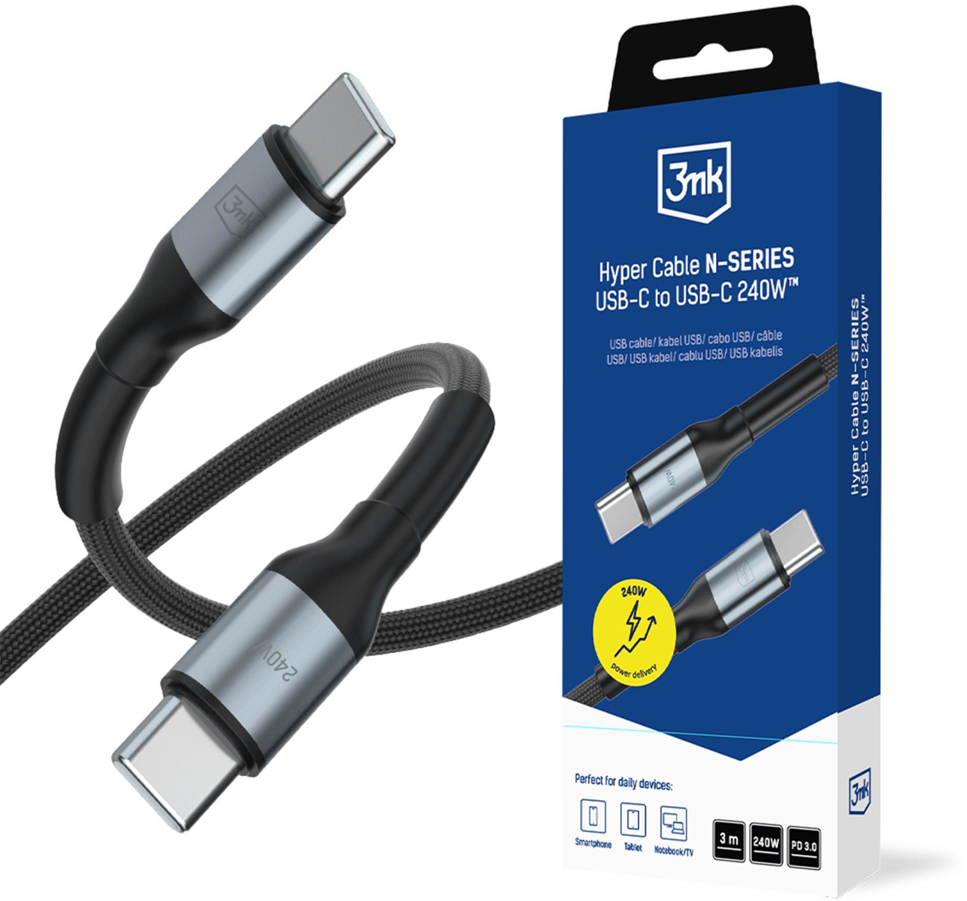 3MK Hyper Cable N-SERIES USB-C/USB-C, Power Delivery, QC 3.0, 240W, 3m černý