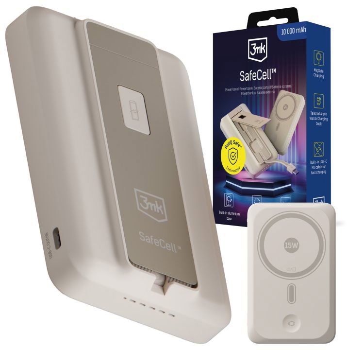 3MK SafeCell 4 in 1 Semi-Solid 22.5W Build in Cable Apple Watch MagSafe 10,000mAh Beige