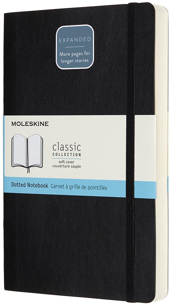 Moleskine L expanded - unikátní blokovací systém s expandačními deskami a tečkovaným designem.