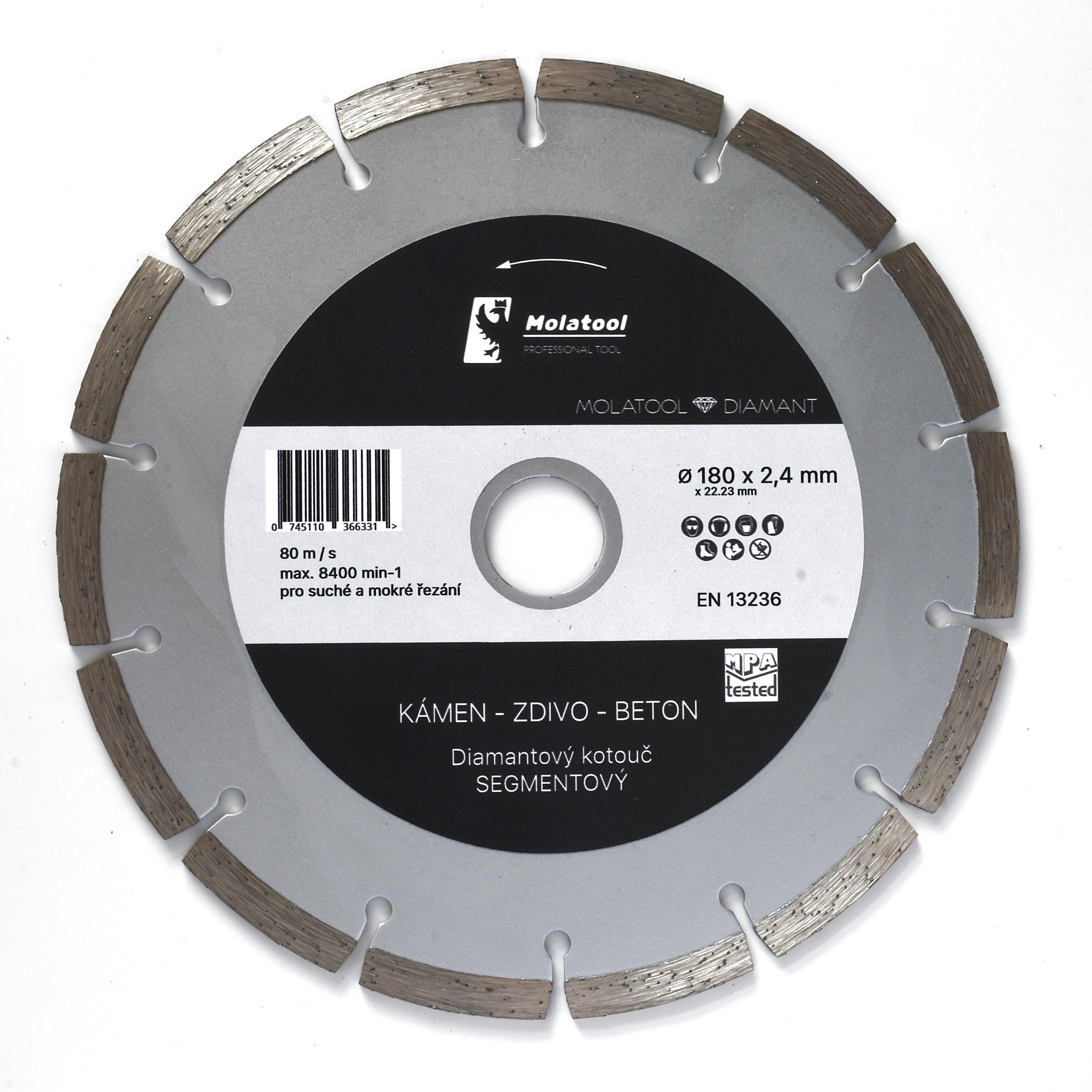 Diamantový řezný kotouč Molatool 180 × 2,4 × 22,2 mm Segment Profi