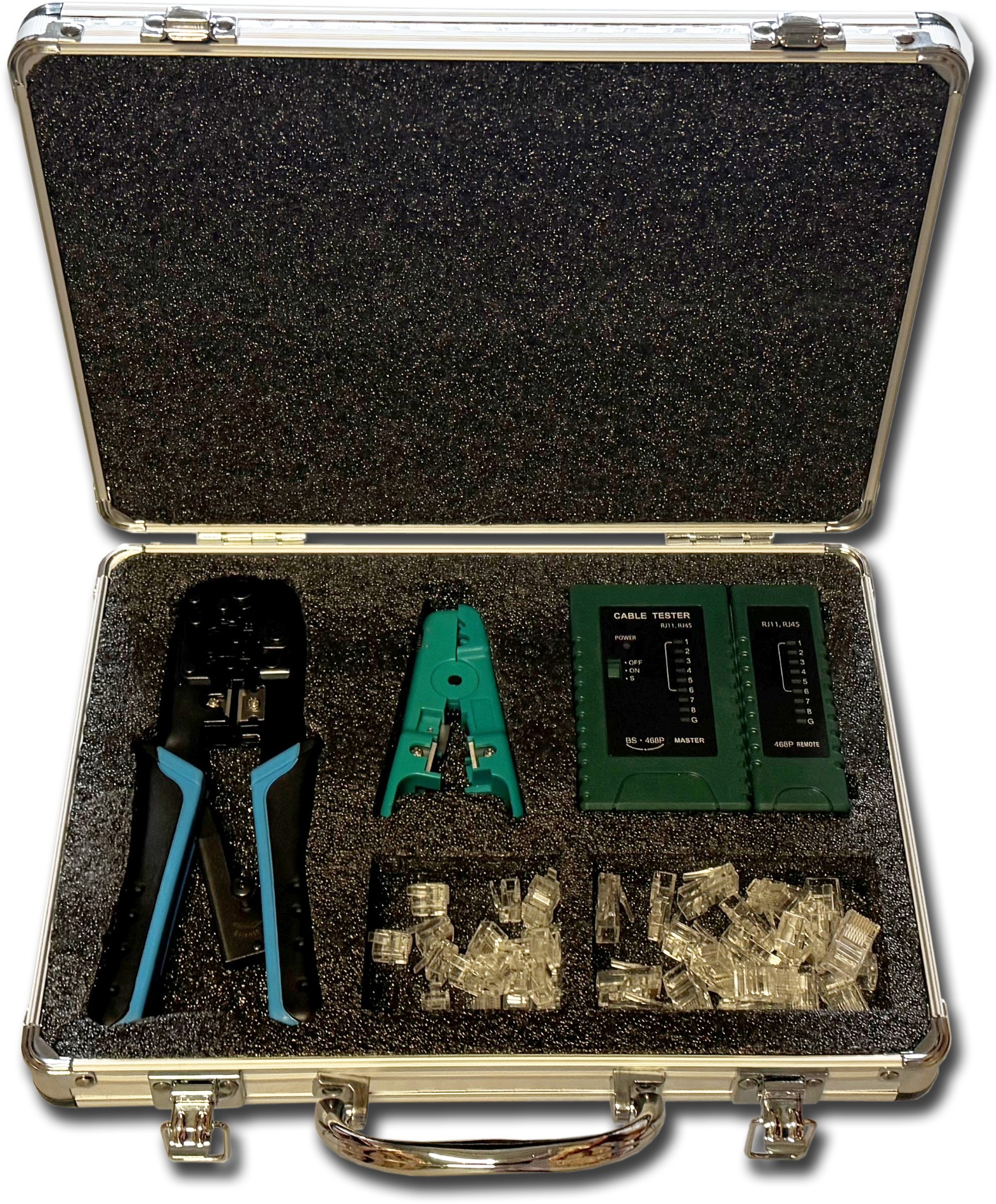 Network Kit obsahující síťový tester, krimpovací kleště a RJ45 konektory.