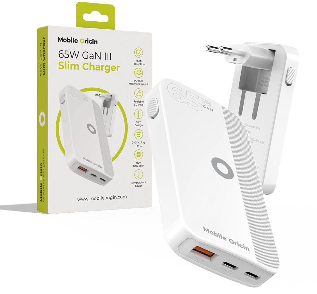 Mobile Origin 65W GaN III Slim Charger dual USB-C Single USB-A White