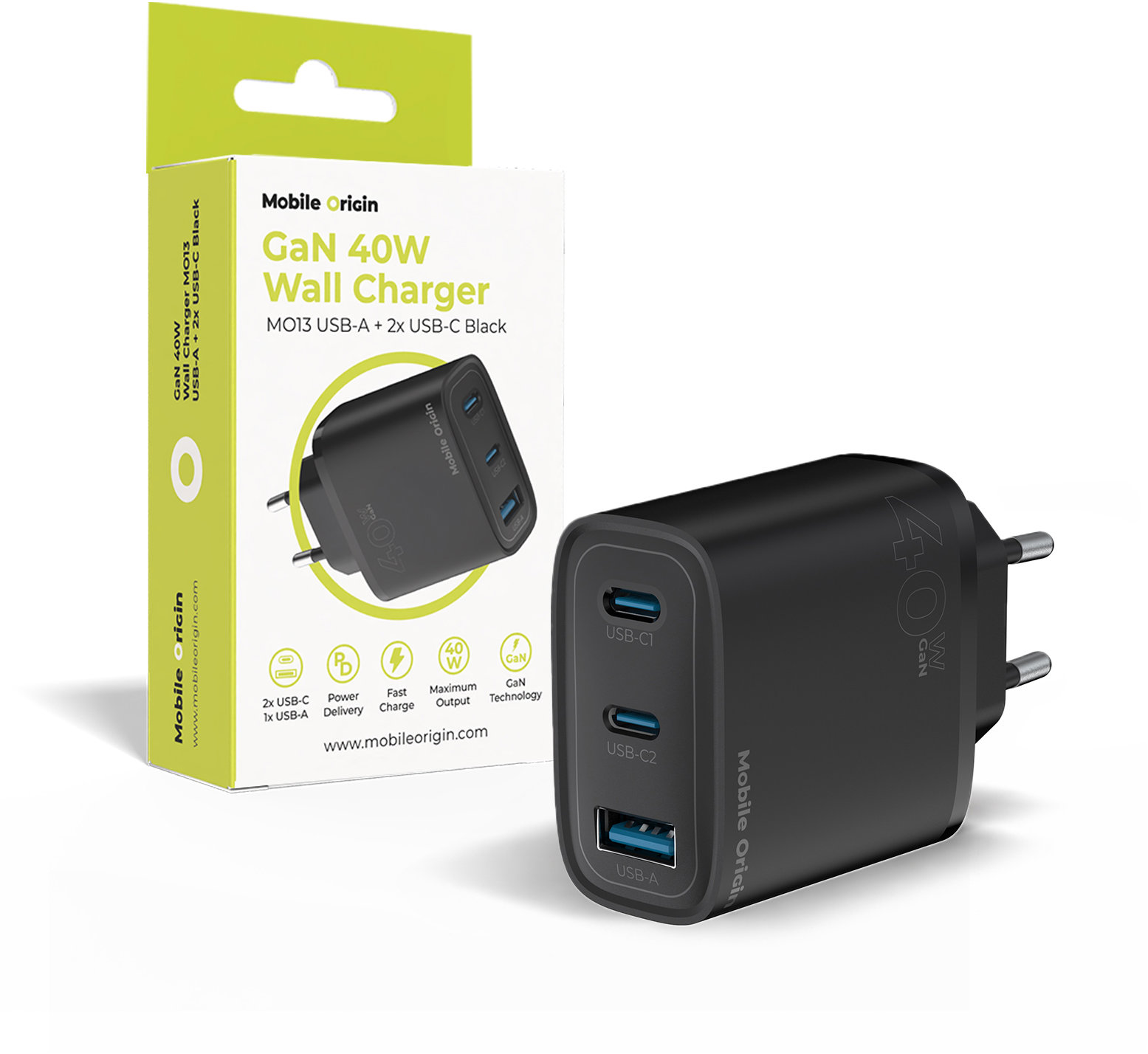 Mobile Origin GaN 40W Wall Charger MO13 Black 1 USB-A + 2 USB-C