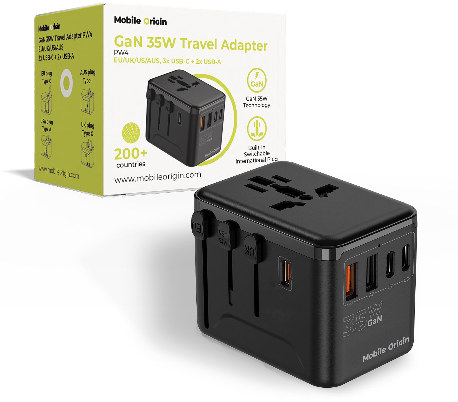Mobile Origin GaN 35W Travel Adapter PW4 EU/UK/US/AUS 3x USB-C + 2x USB-A