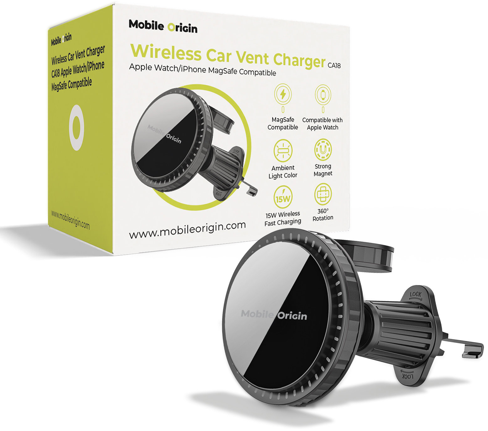 Mobile Origin Wireless Car Vent Charger CA18 Apple Watch/iPhone MagSafe Compatible