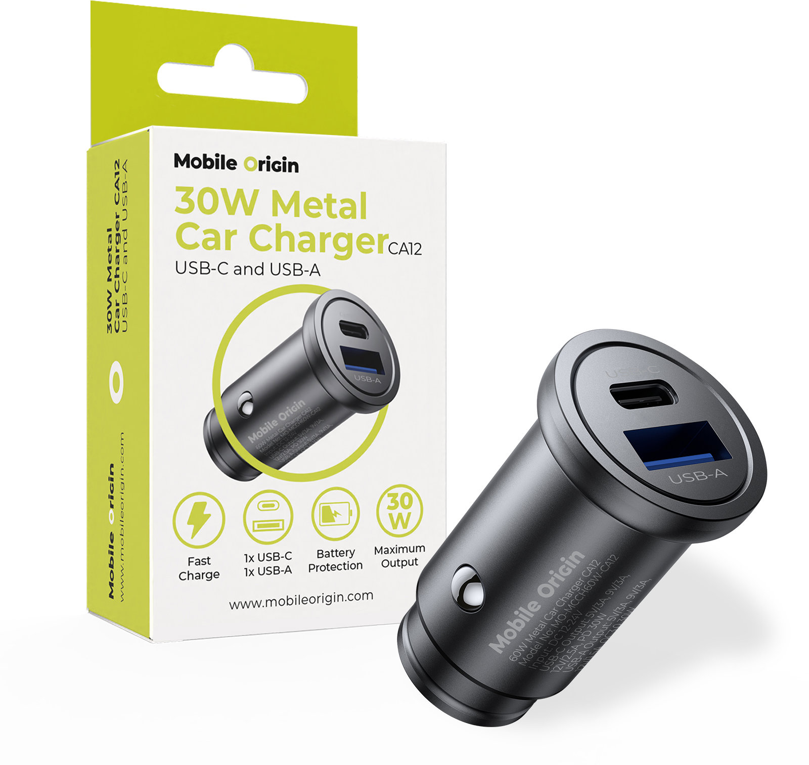 Mobile Origin Metal Car Charger 30W, CA12 USB-C USB-A
