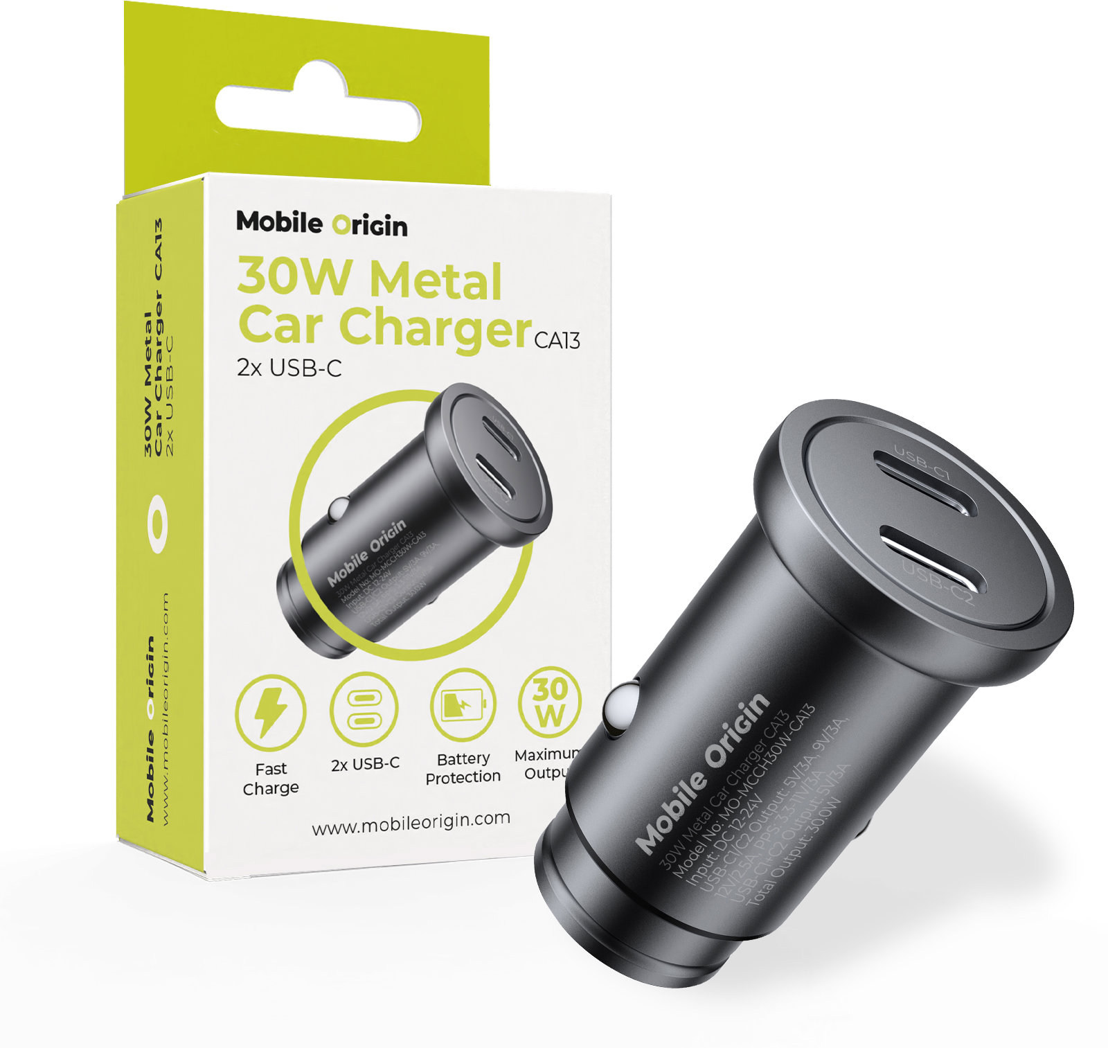 Mobile Origin Metal Car Charger 30W, CA13 2x USB-C