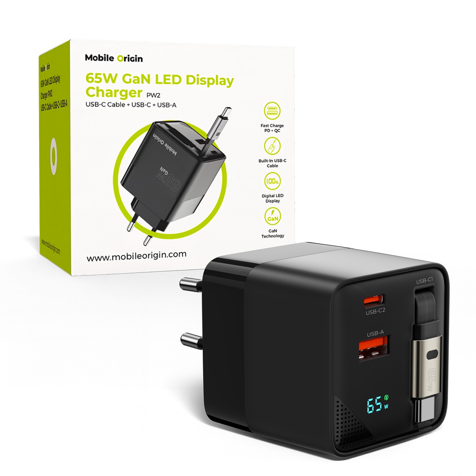 Mobile Origin 65W GaN Display Charger PW2 - USB-C Cable + USB-C + USB-A