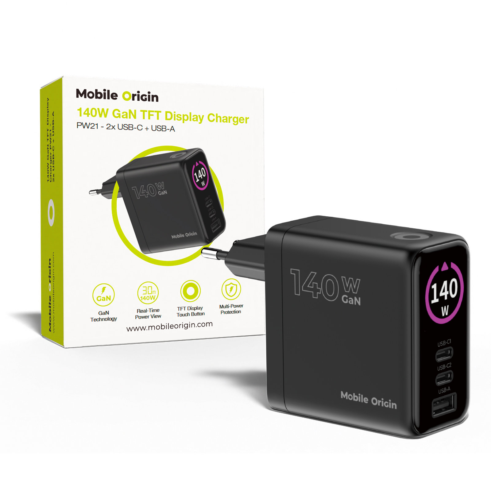 Mobile Origin 140W GaN Display Charger PW21 - 2x USB-C + USB-A