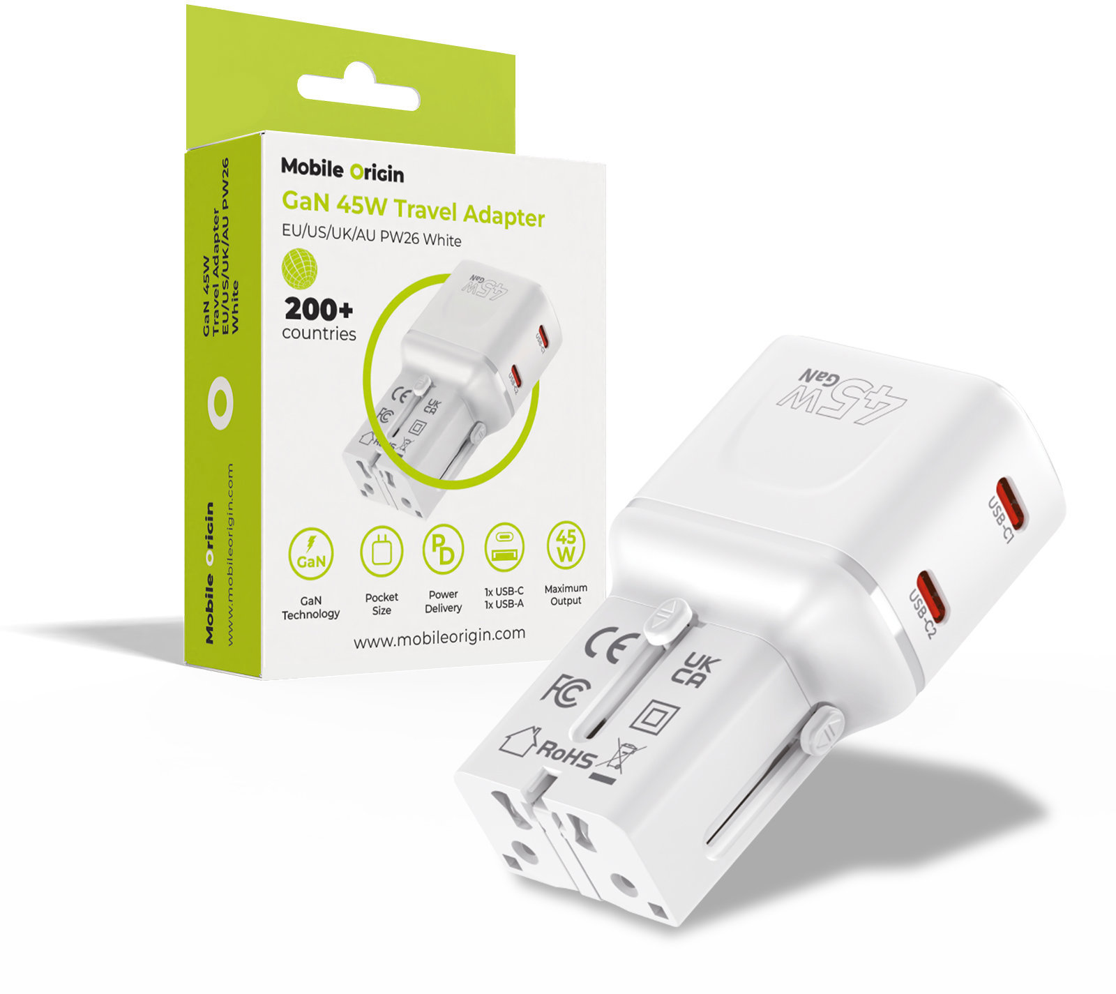 Mobile Origin GaN 45W Travel Adapter, EU/US/UK/AU PW26 White