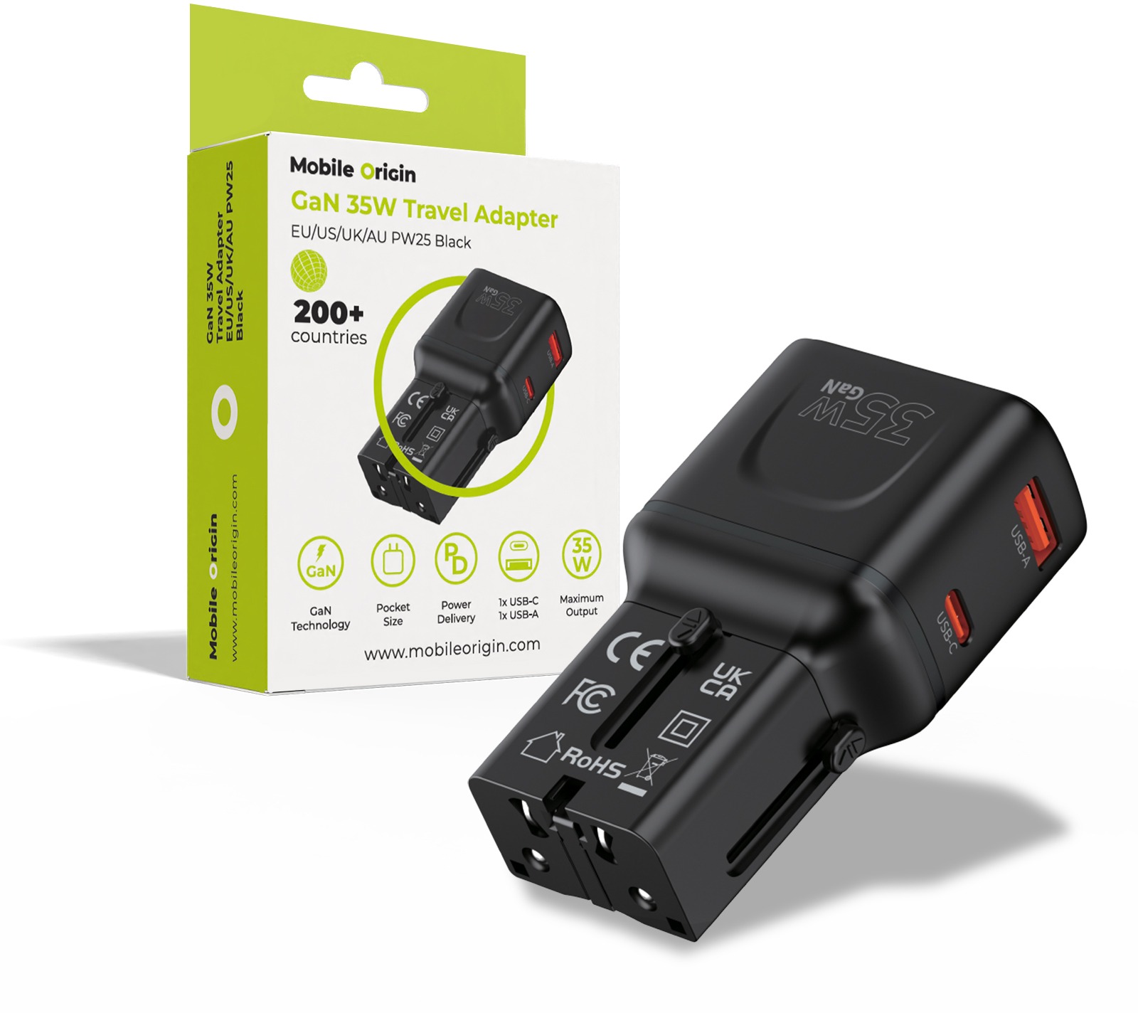 Mobile Origin GaN 35W Travel Adapter, EU/US/UK/AU PW25 Black