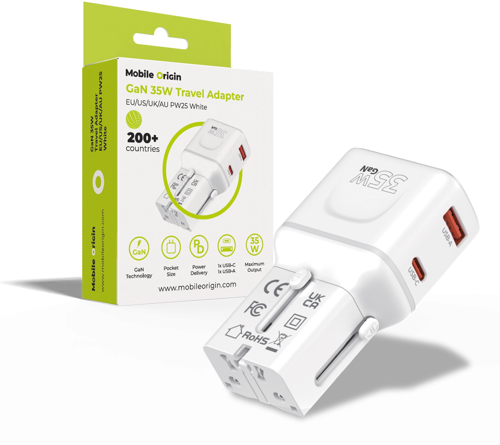 Mobile Origin GaN 35W Travel Adapter, EU/US/UK/AU PW25 White