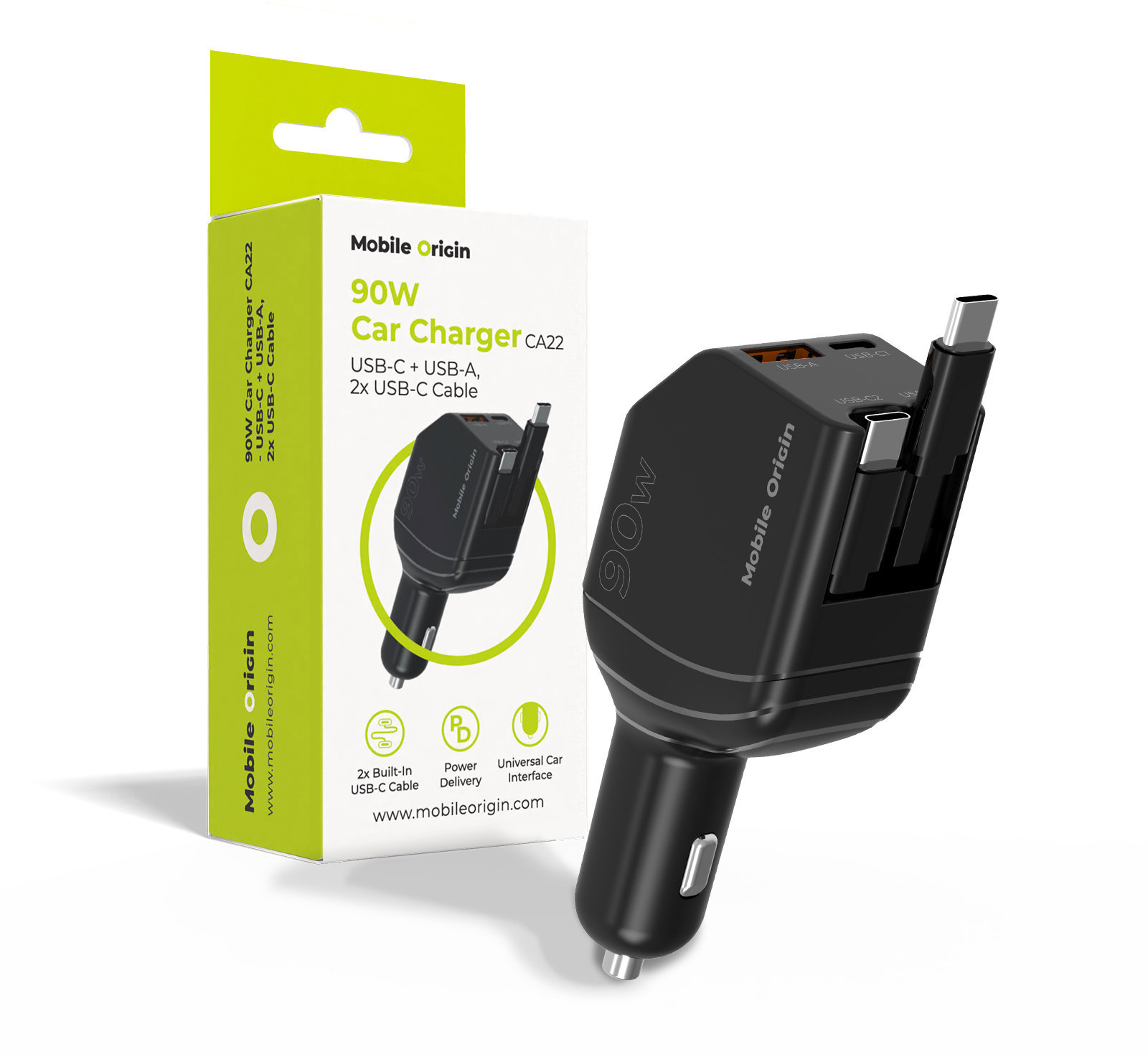 Mobile Origin 90W Car Charger CA22 - USB-C + USB-A, 2x USB-C Cable