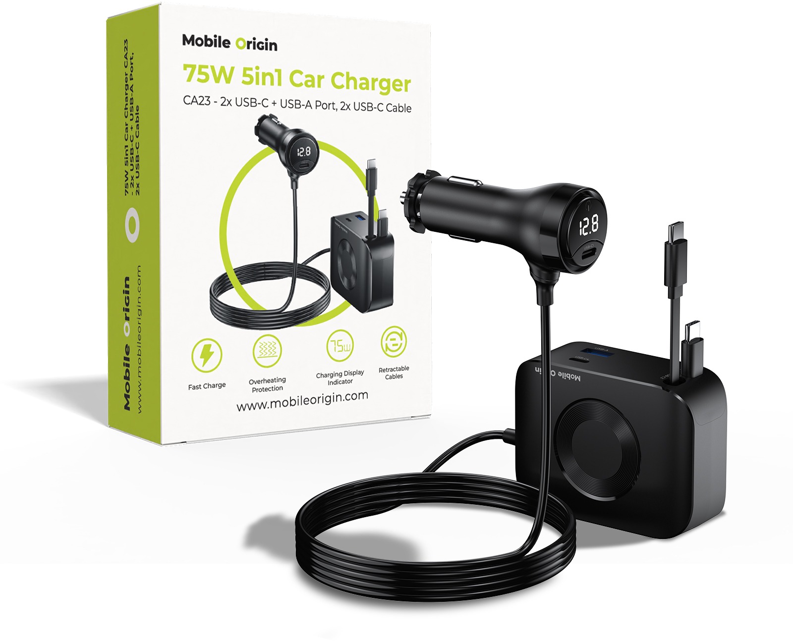 Mobile Origin 75W 5in1 Car Charger CA23 - 2x USB-C + USB-A Port, 2x USB-C Cable