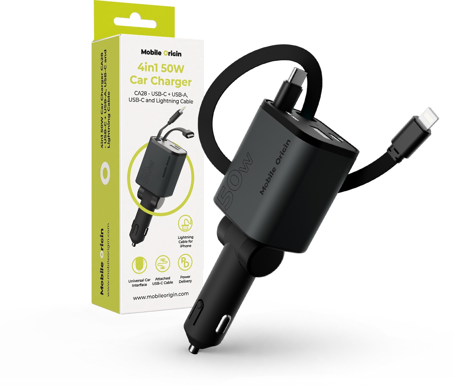 Mobile Origin 4in1 50W Car Charger CA28 USB-C + USB-A USB-C And Lightning Cable