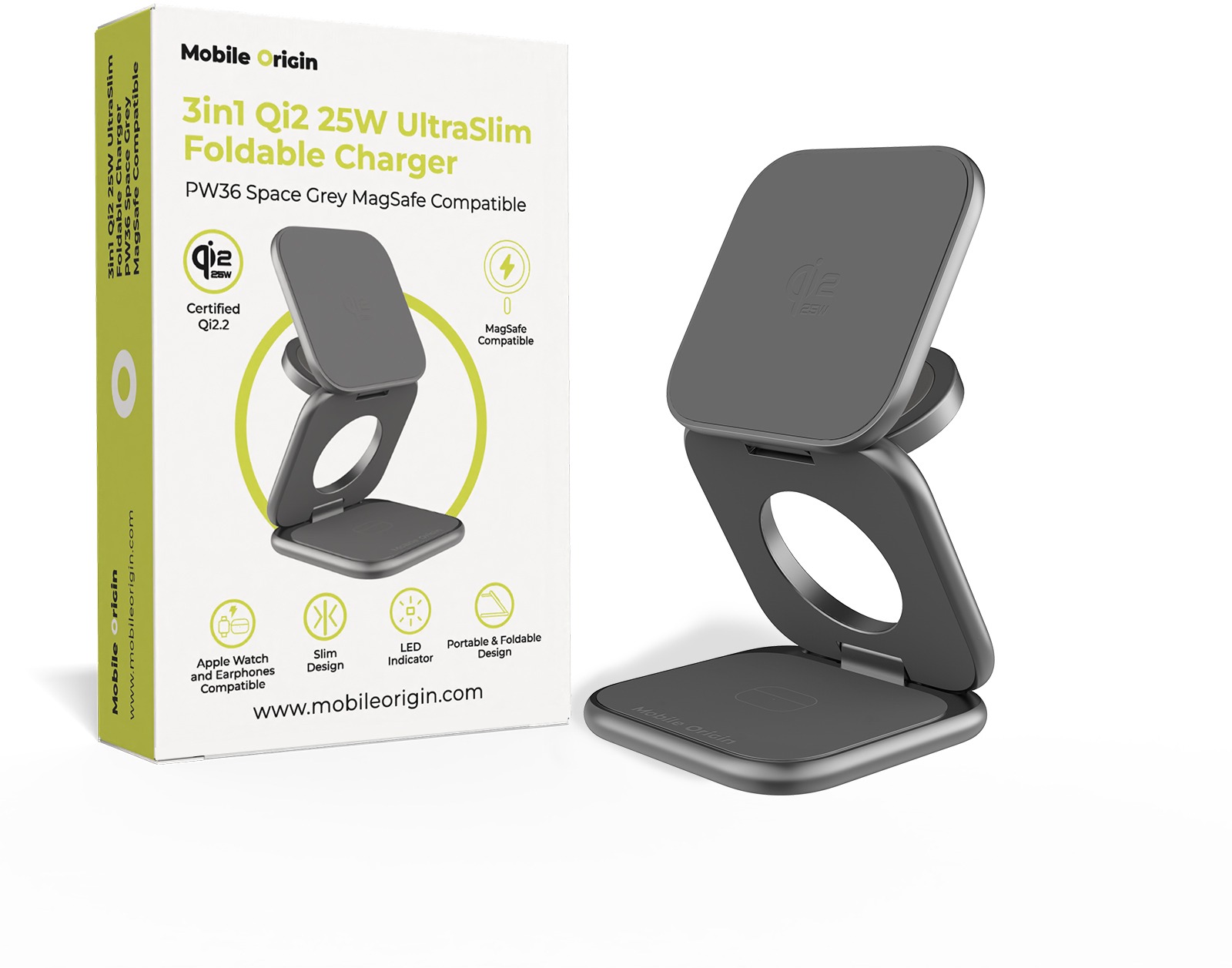 Mobile Origin 3in1 Qi2 25W UltraSlim Foldable Charger PW36 MagSafe Compatible Space Grey