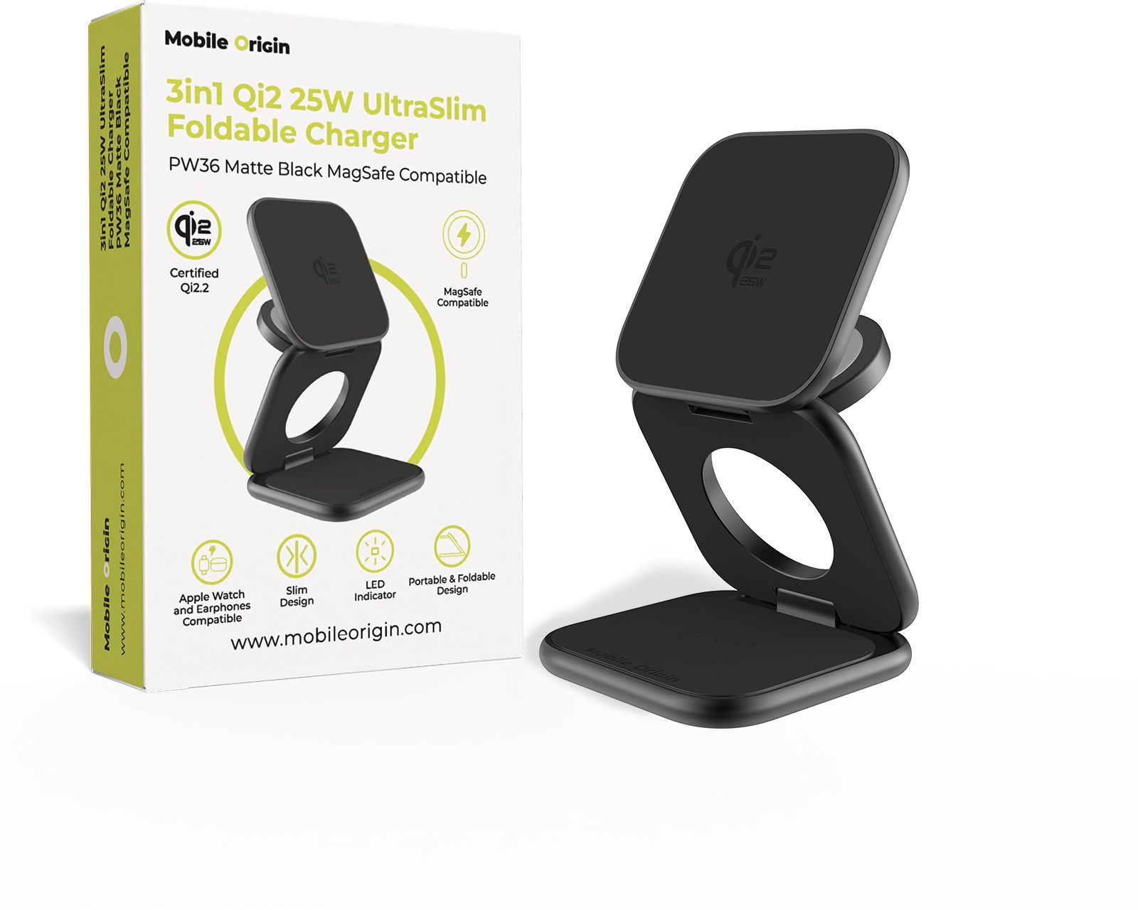 Mobile Origin 3in1 Qi2 25W UltraSlim Foldable Charger PW36 MagSafe Compatible Matte Black