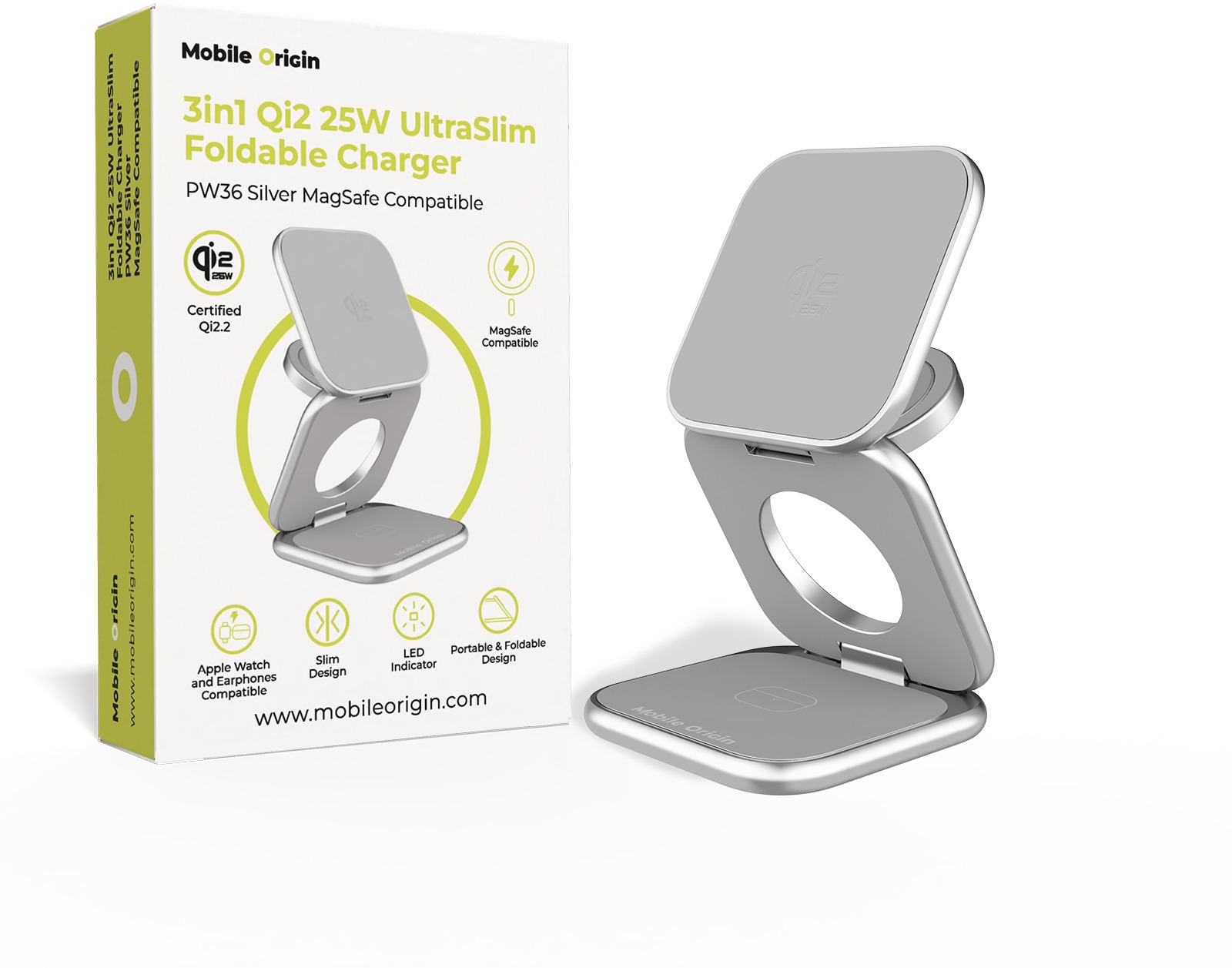 Mobile Origin 3in1 Qi2 25W UltraSlim Foldable Charger PW36 MagSafe Compatible Silver