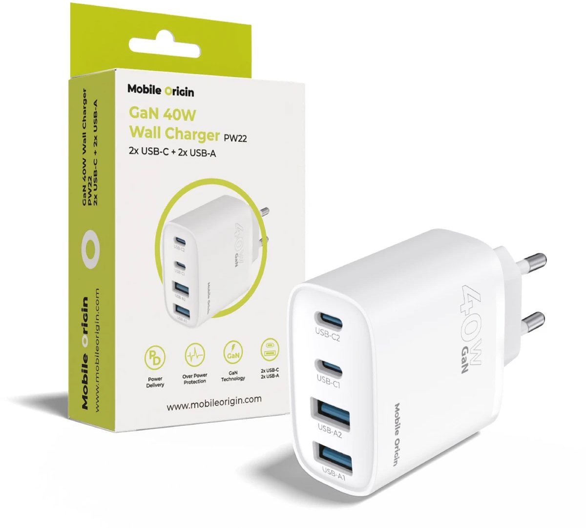 Mobile Origin 40W GaN Wall Charger PW22 2x USB-C + 2x USB-A